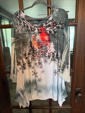 Cal Style USA Women 2XL Winter Cardinal Snowflake Rhinestone Sharkbite Tunic Top